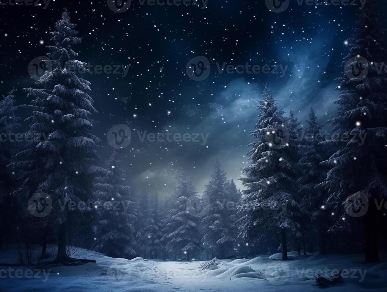 fiaba notte foresta coperto con neve nel il chiaro di luna. inverno paesaggio. nuovo anno concetto foto