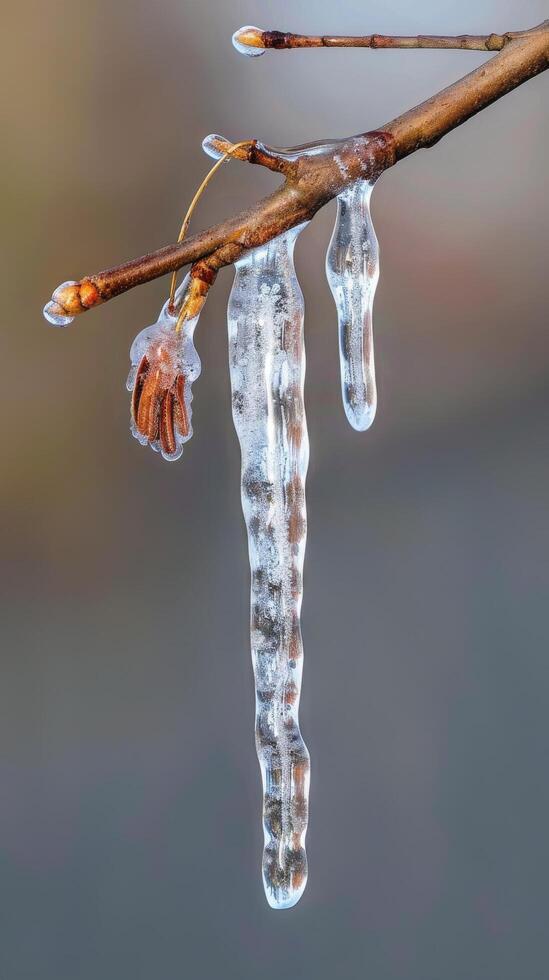 congelato ramo con ghiaccioli foto