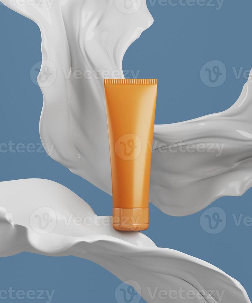 scena epica per la presentazione del prodotto crema cosmetica. vaso cosmetico con schizzi di liquido.. 3d render foto