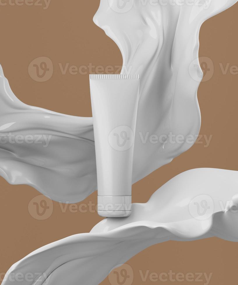 scena epica per la presentazione del prodotto crema cosmetica. vaso cosmetico con schizzi di liquido.. 3d render foto