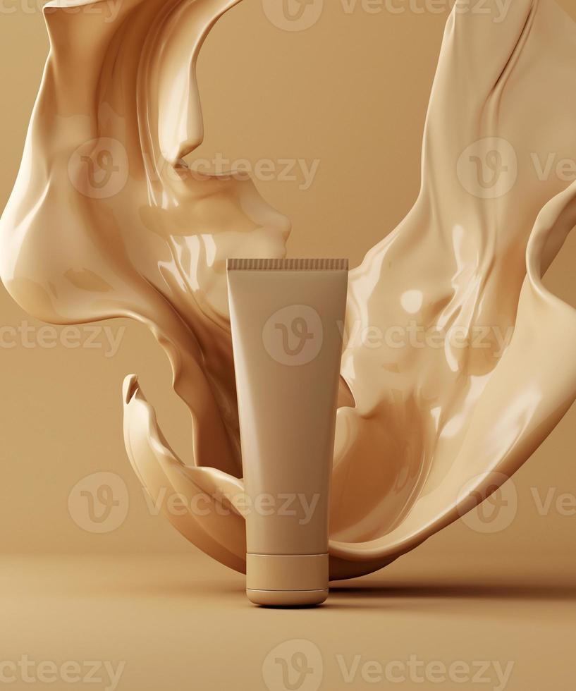 scena di colore nudo per la presentazione del prodotto cosmetico bb-creme. vaso cosmetico con schizzi di liquido. rendering 3d foto