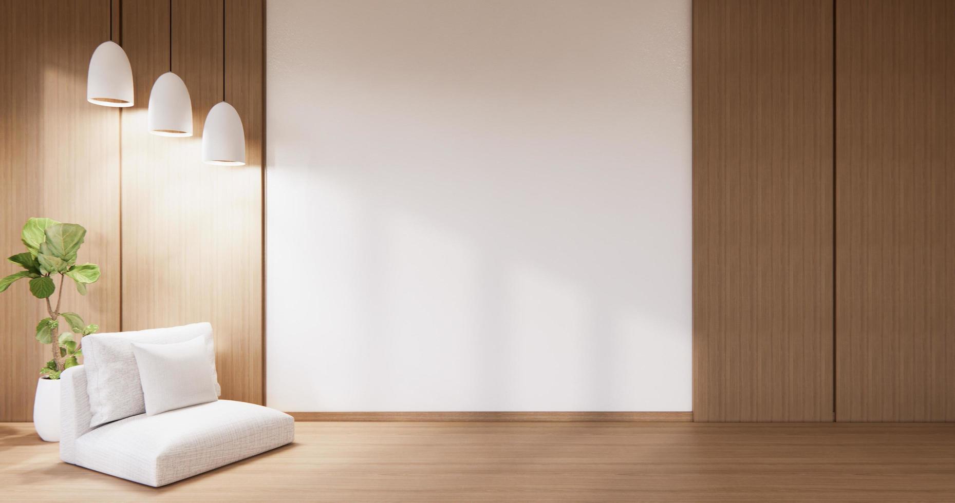 design vuoto della parete in legno e mini divano in stile giapponese. rendering 3d foto
