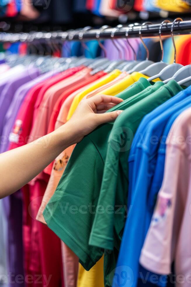 donna navigazione attraverso colorato magliette su Schermo cremagliere a un' capi di abbigliamento memorizzare foto