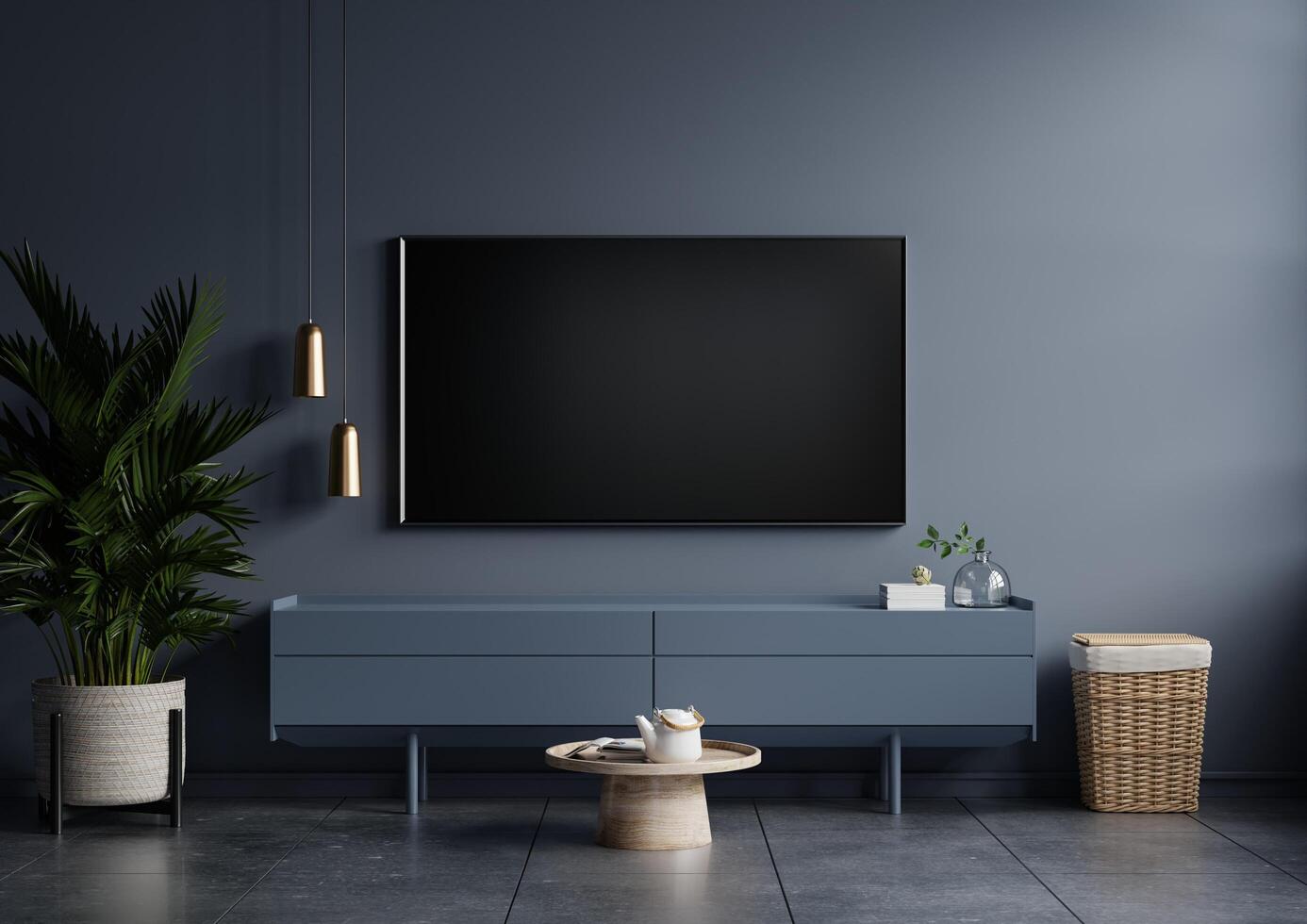 moderno interno di vivente camera con tv su il Consiglio dei ministri su buio blu parete sfondo. foto