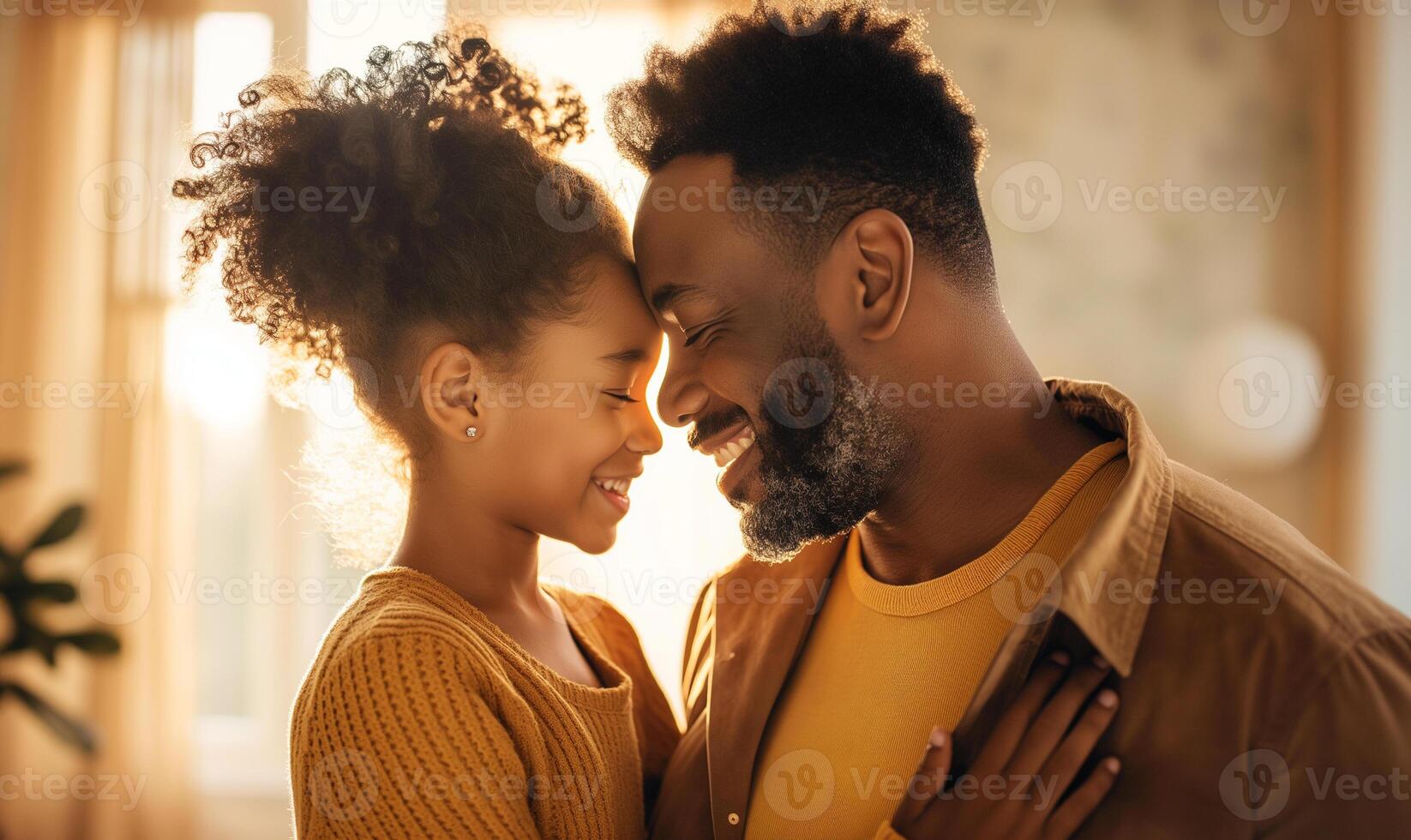 gioioso africano americano papà e figlia condivisione un' tenero momento nel illuminata dal sole camera foto