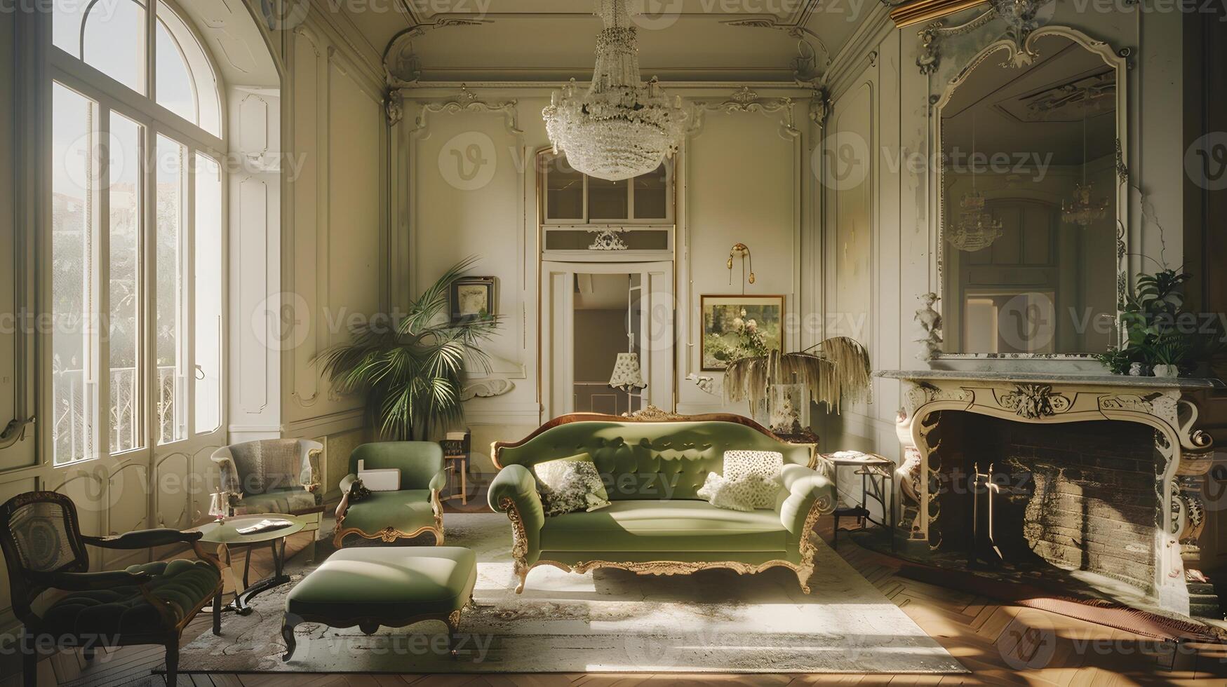 opulento e sontuoso d'ispirazione vintage vivente camera con ornato arredamento e architettonico dettagli foto