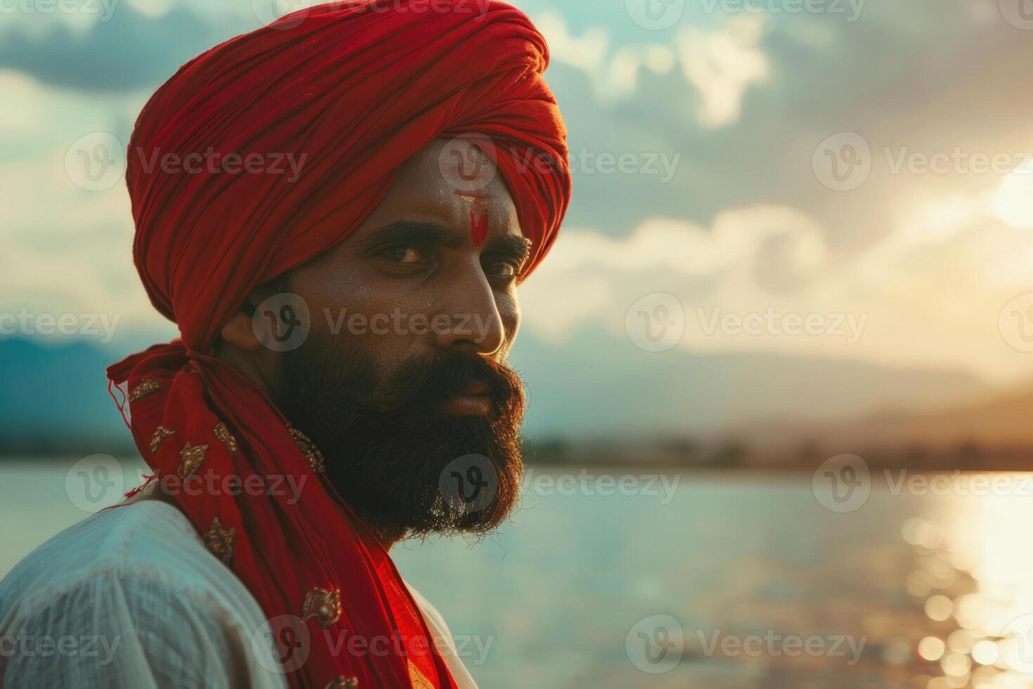 ritratto di indiano uomo indossare rosso turbante su sponde del lago foto