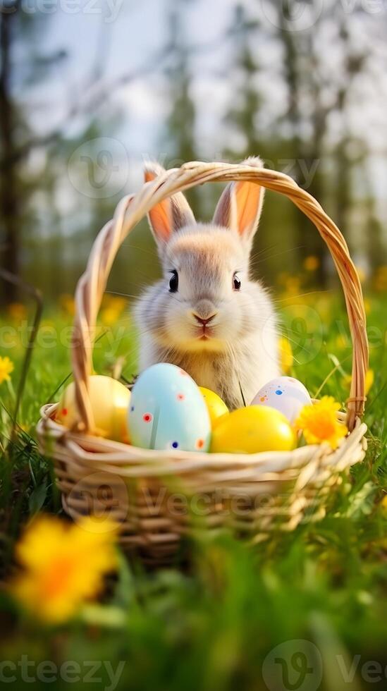 un' carino poco coniglietto seduta nel cestino nido con colorato uova. Pasqua uovo concetto, primavera vacanza foto