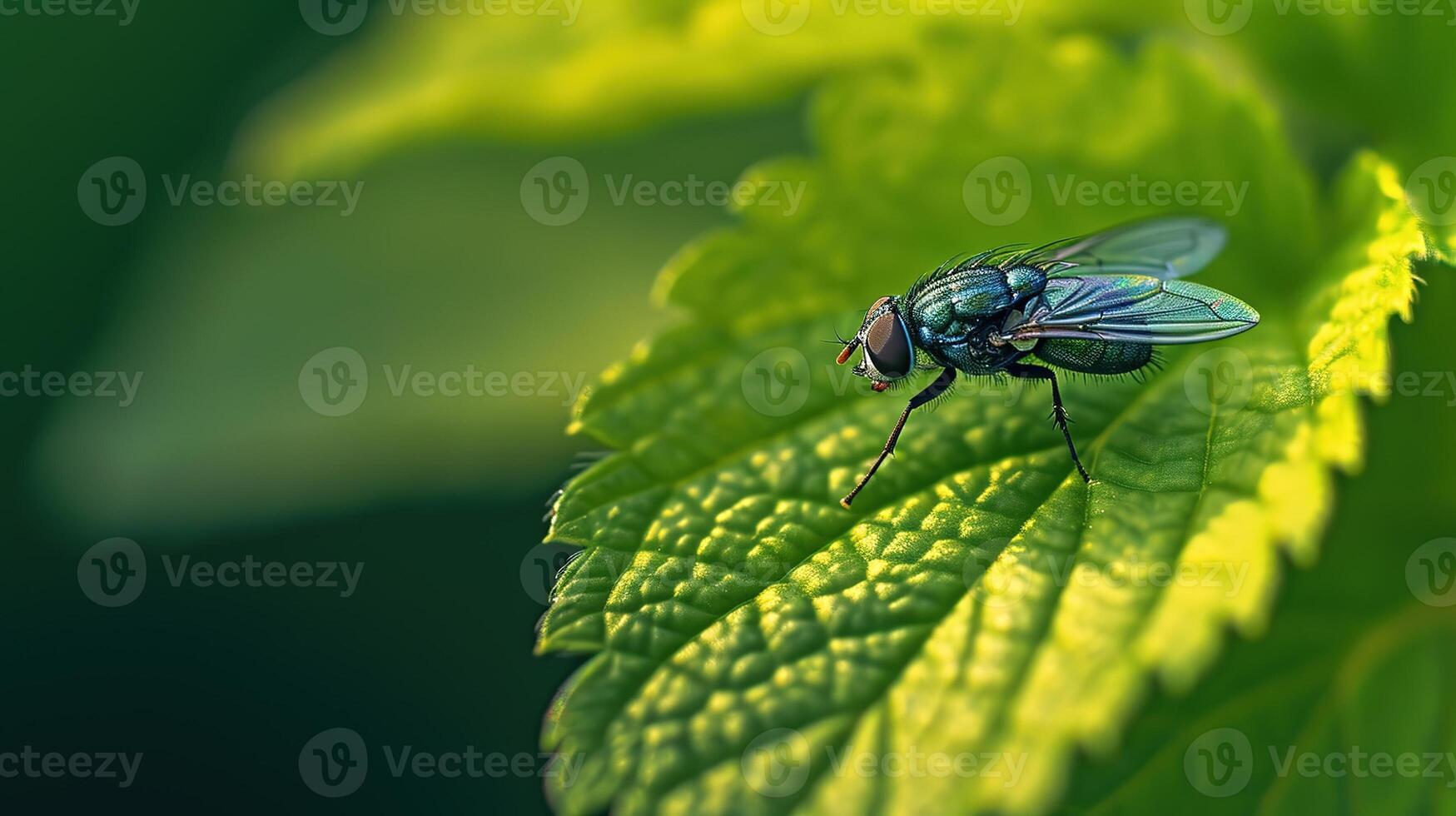 avvicinamento lucido volare su un' verde foglia di luminosa colori seduta su costine superficie nel selettivo messa a fuoco foto