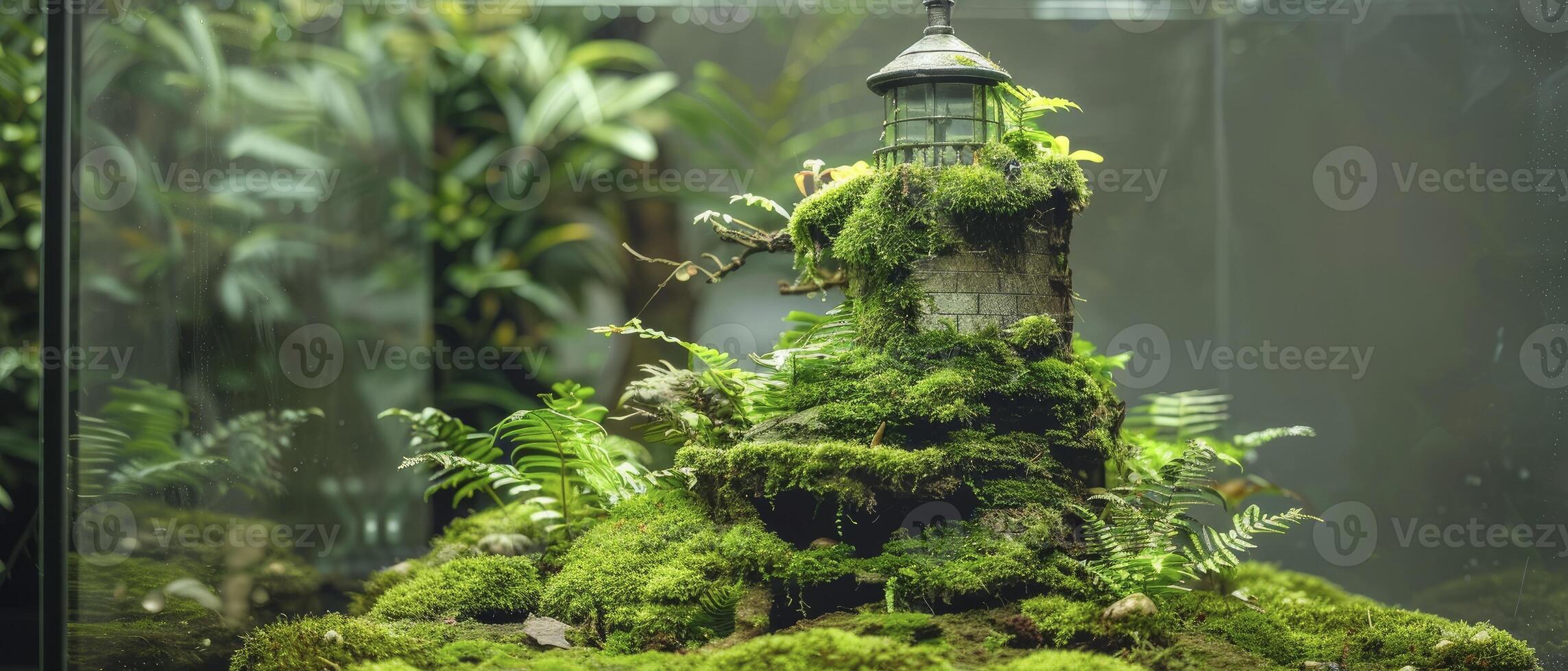 il miniatura tema di vecchio leggero Casa è coperto con verde muschio e ciottoli dentro di terrario bicchiere foto