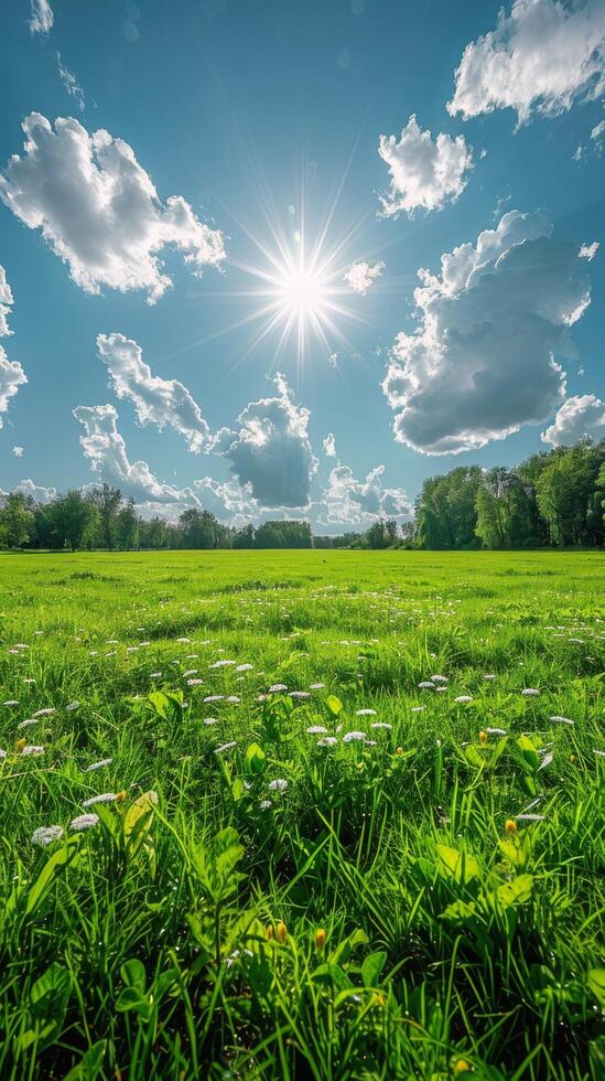 il sole splendente al di sopra di un' campo di erba foto