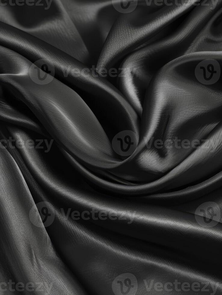 drammatico nero raso pieghe e curve creare un astratto composizione in mostra il ricco lucentezza e ombroso profondità di il tessuto. foto