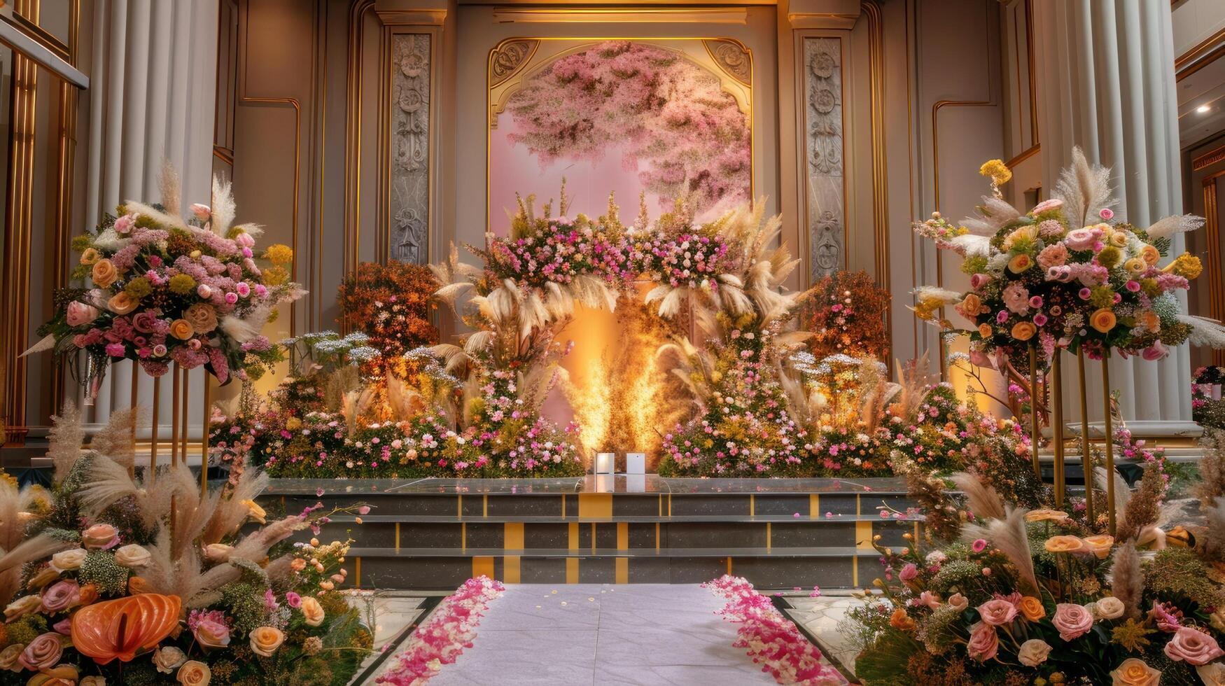 nozze palcoscenico decorazione sfondo dentro il edificio con elegante e bellissimo fiore decorazioni foto