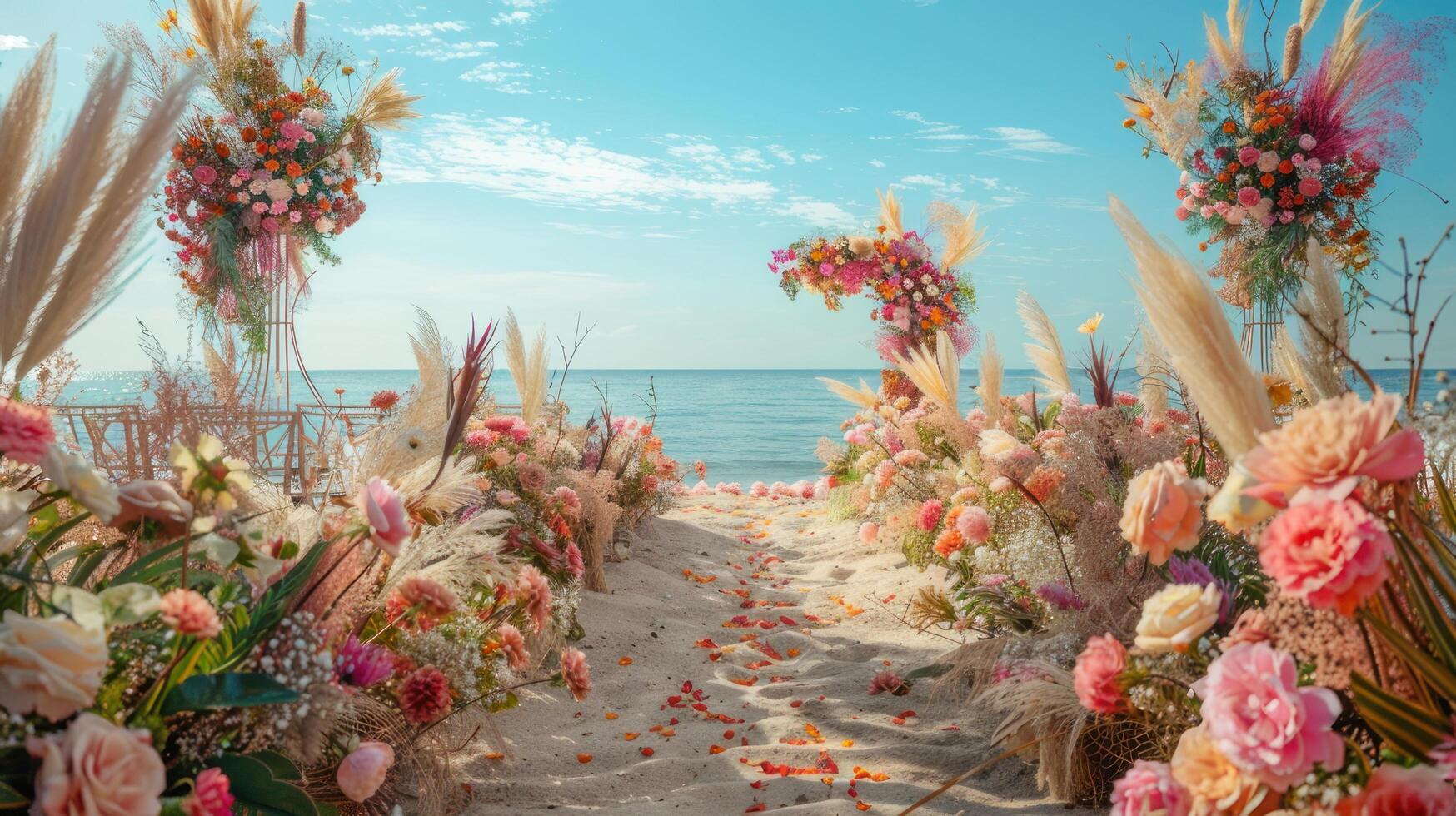 il fondale per un aria aperta nozze su il spiaggia pieno con bellissimo floreale decorazioni e ornamenti ai creare foto