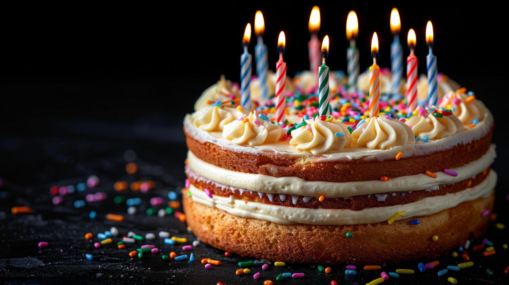 compleanno torta con illuminato candele e spruzzatori foto