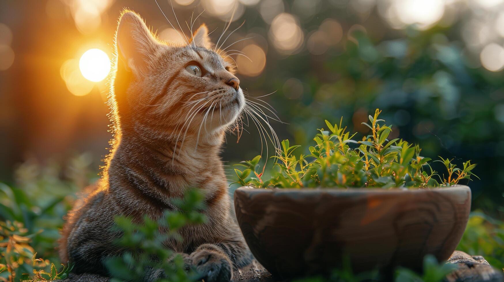 gatto seduta nel erba Il prossimo per ciotola foto