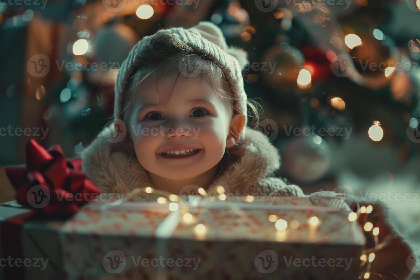 ai generato bambino apertura Natale regalo vicino albero ridendo e contento. foto