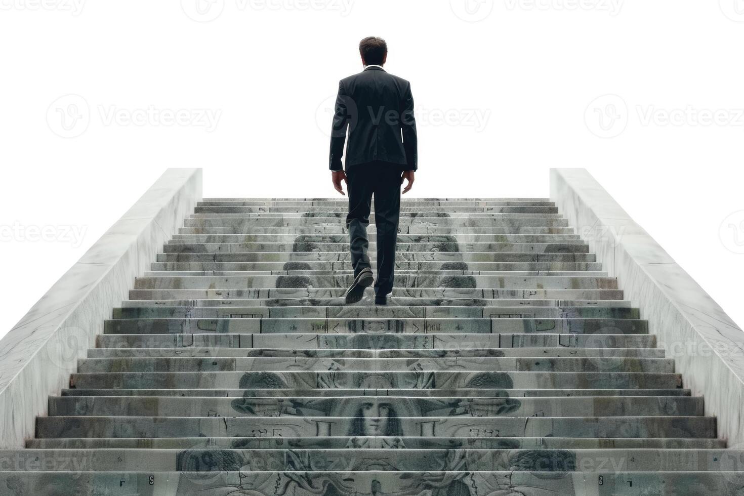 ai generato posteriore Visualizza uomo d'affari a piedi su i soldi le scale isolato nel bianca sfondo foto