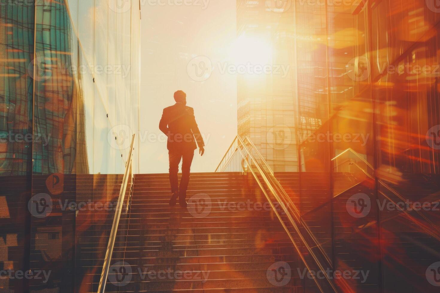 ai generato uomo d'affari arrampicata le scale nel astratto città simboleggiante successo. foto