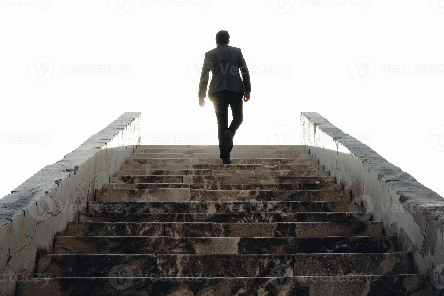 ai generato uomo d'affari arrampicata il vecchio calcestruzzo le scale isolato su bianca sfondo foto