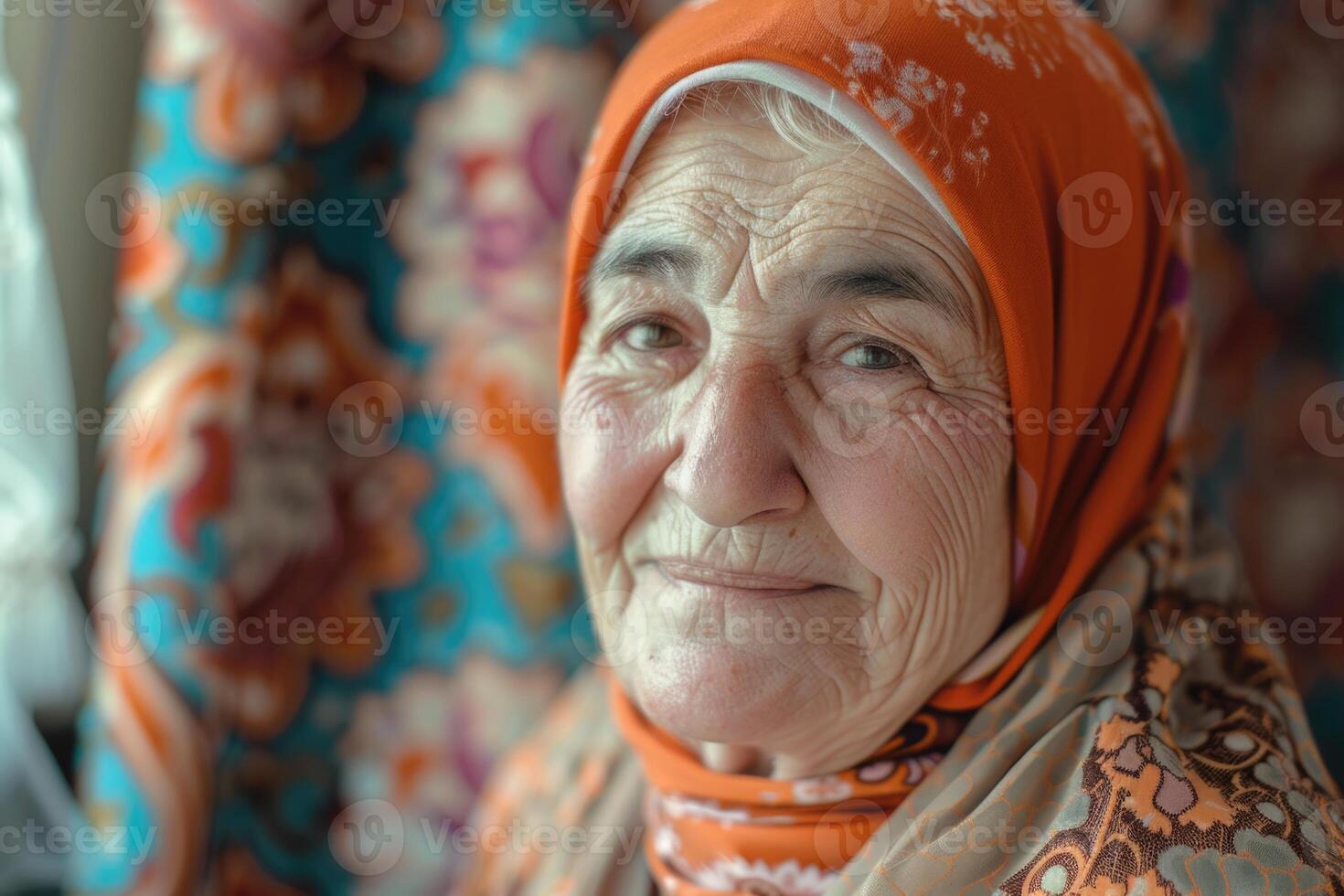 ai generato contento maturo donna nel hijab con allegro Sorridi ritratto. foto