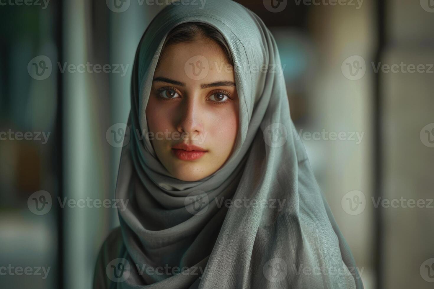 ai generato ritrattistica di giovane ragazza modello indossare hijab.bellissimo islamico hijab moda interno servizio fotografico. foto