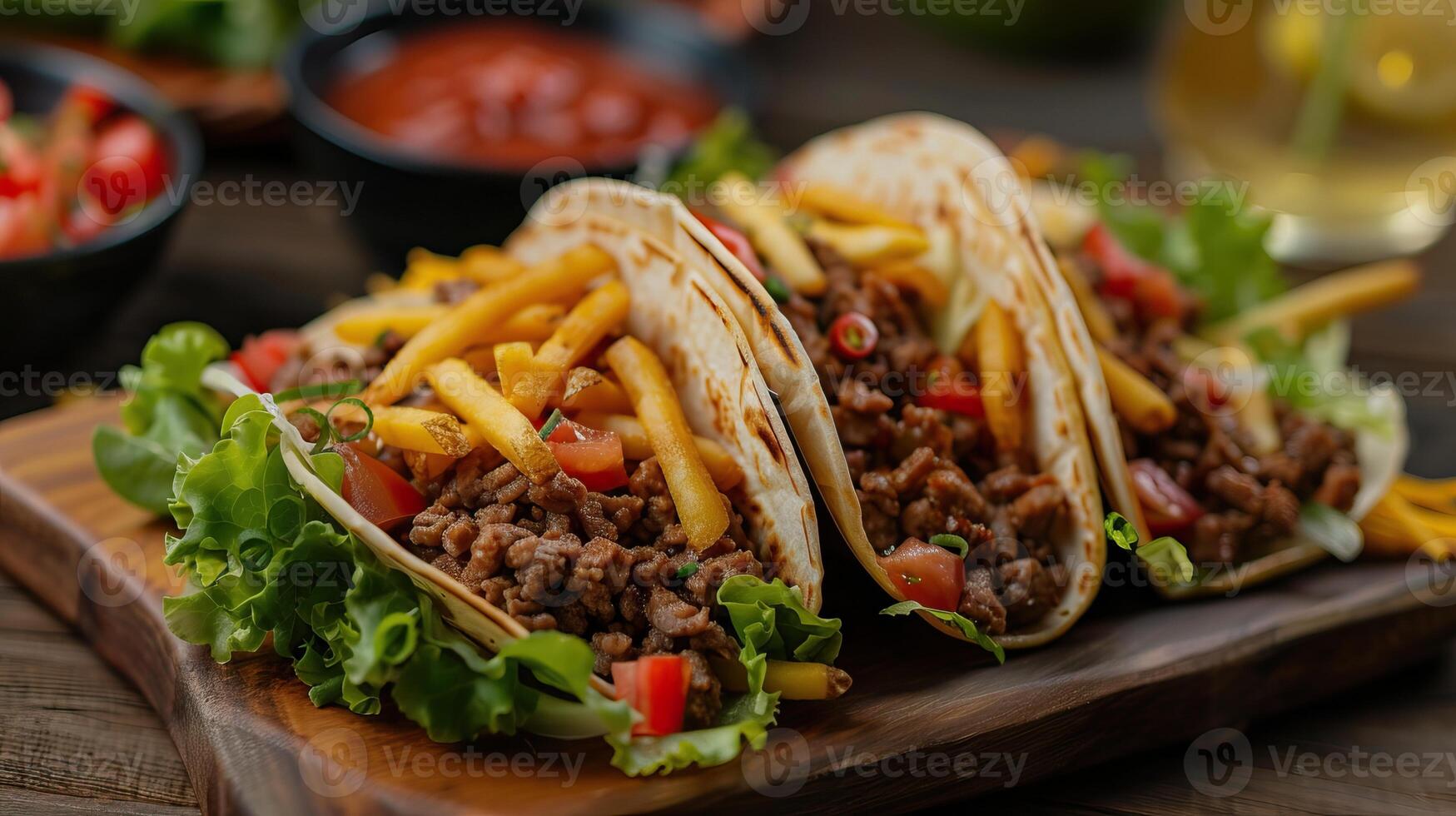 ai generato Manzo tacos servito con d'oro francese patatine fritte foto