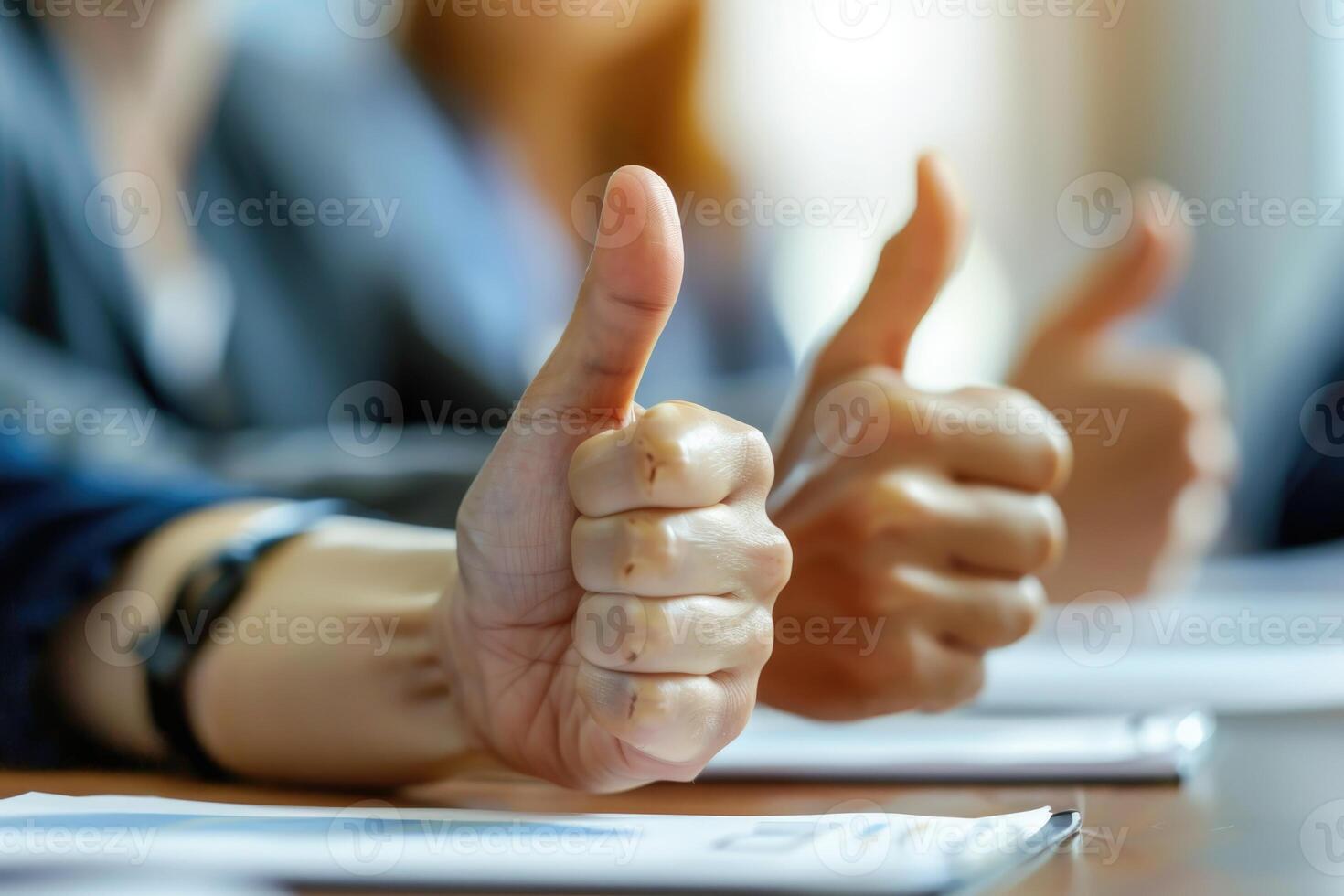 ai generato persone Confermare con pollici su a conferenza per qualità formazione scolastica. foto