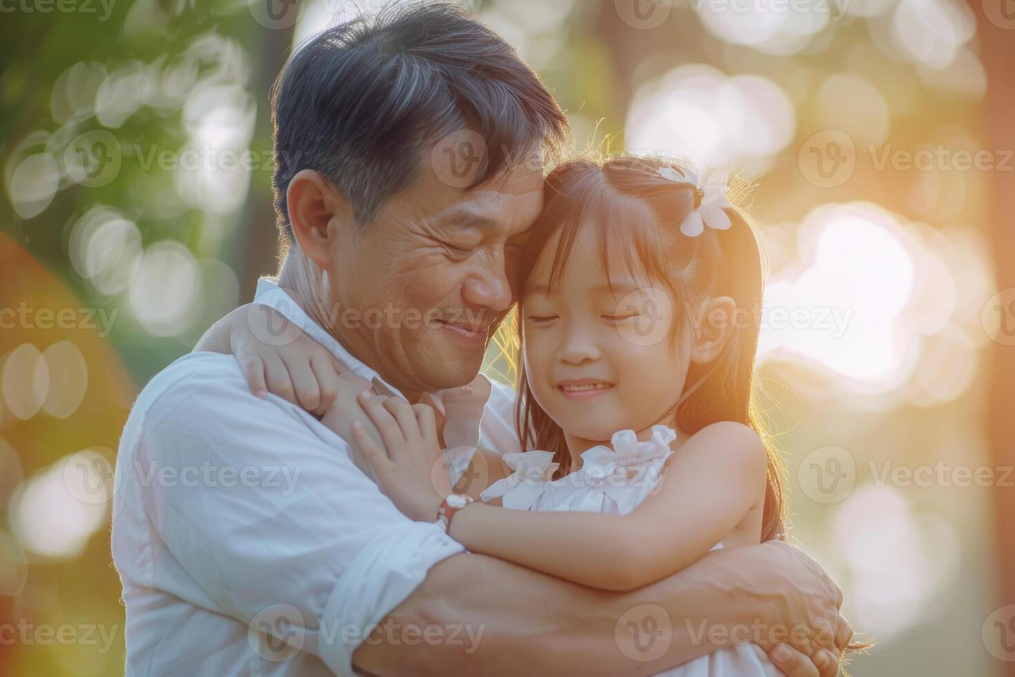 ai generato contento asiatico famiglia abbracciare nel parco per famiglia giorno. foto
