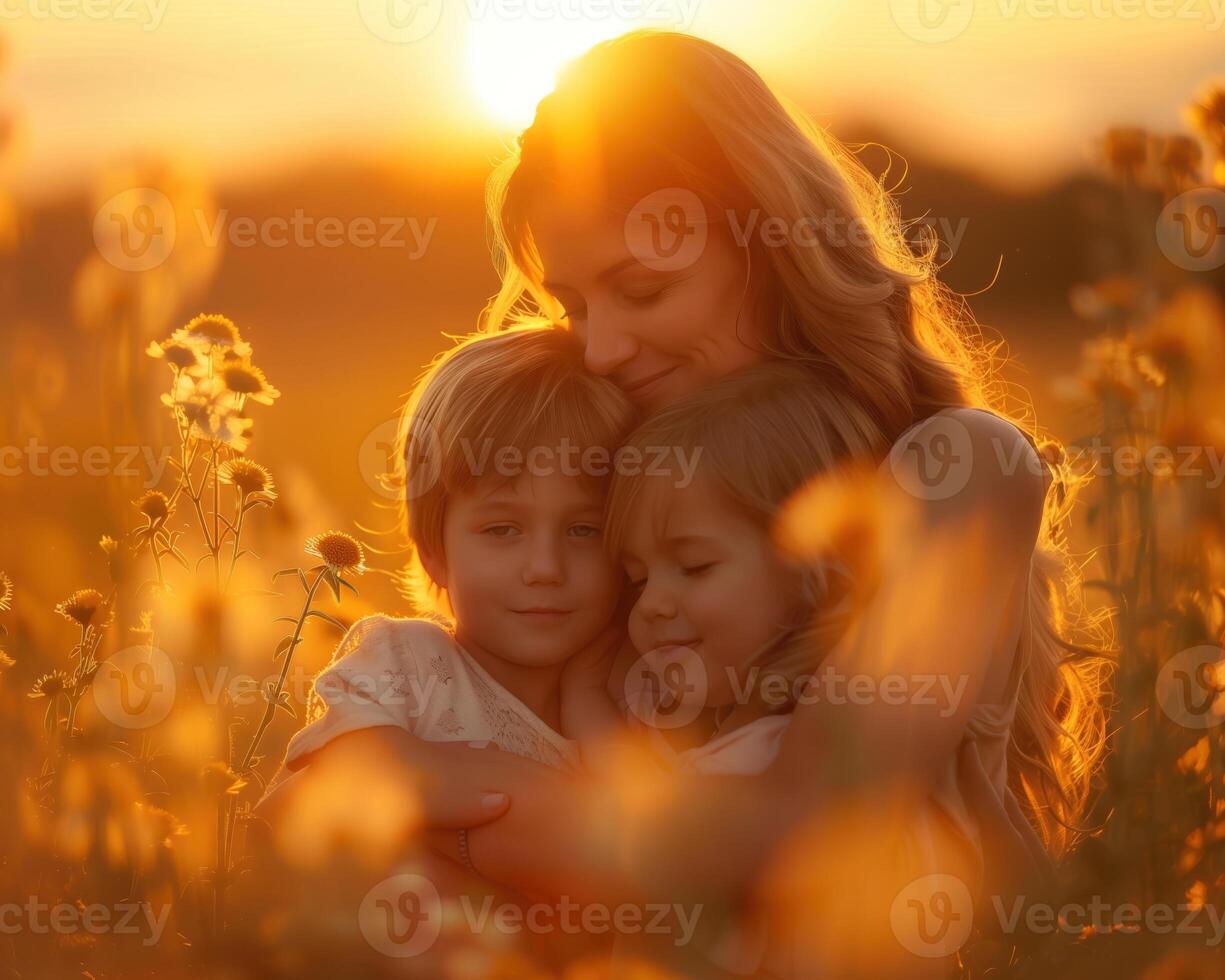 ai generato contento madre e bambini con allegro emozioni nel un' festivo umore su La madre di giorno foto