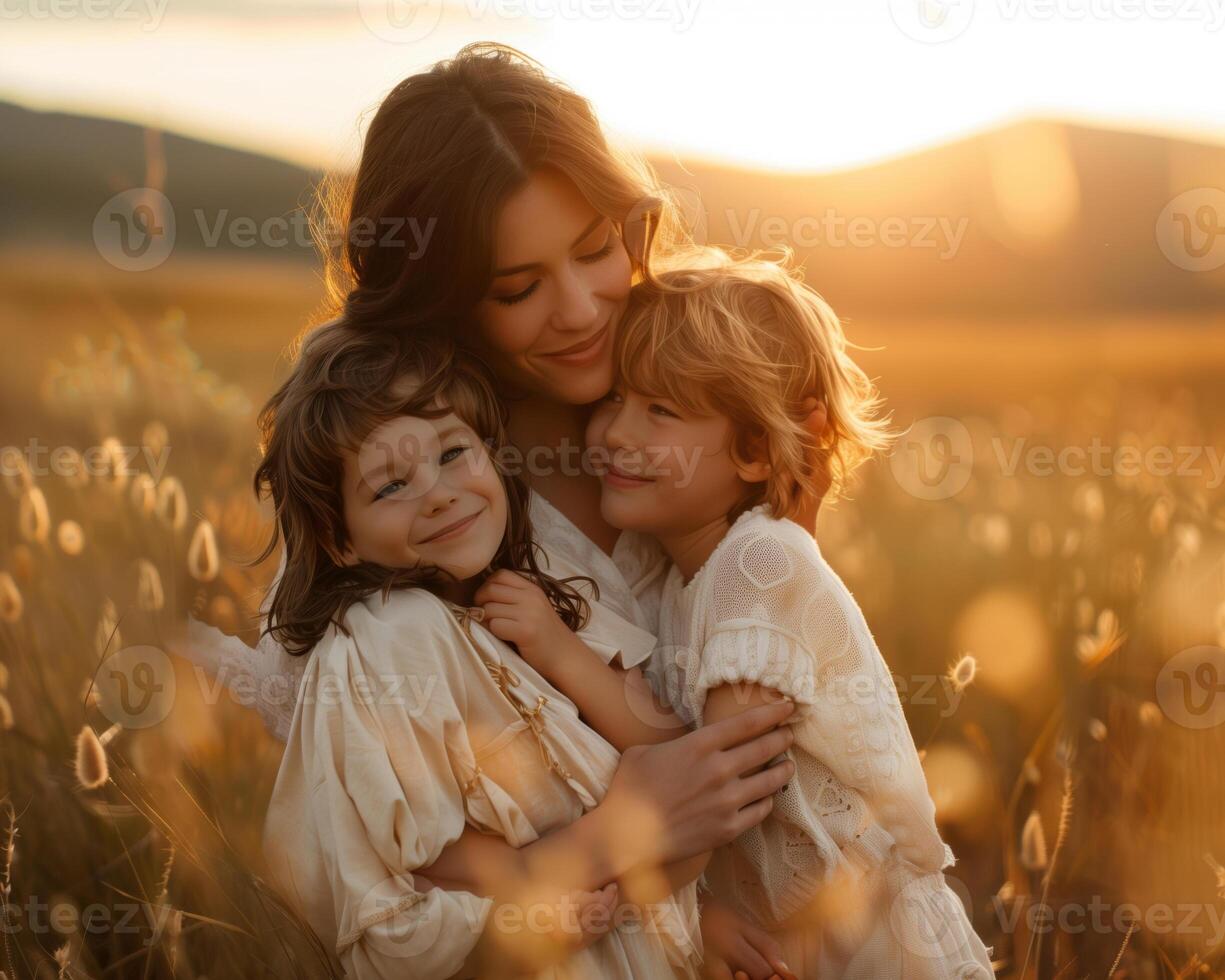 ai generato contento madre e bambini con allegro emozioni nel un' festivo umore su La madre di giorno foto