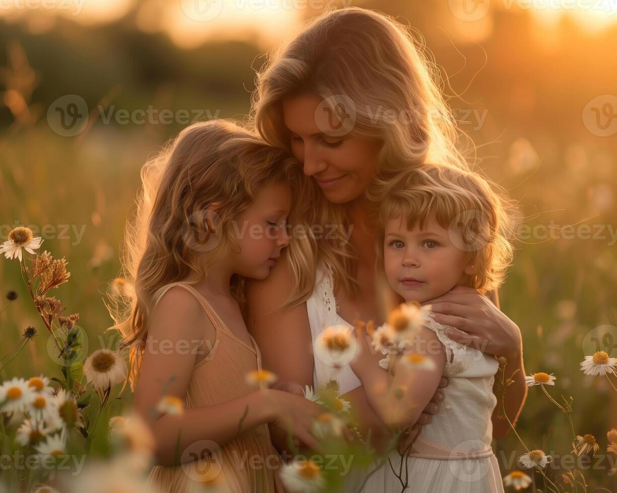 ai generato contento madre e bambini con allegro emozioni nel un' festivo umore su La madre di giorno foto