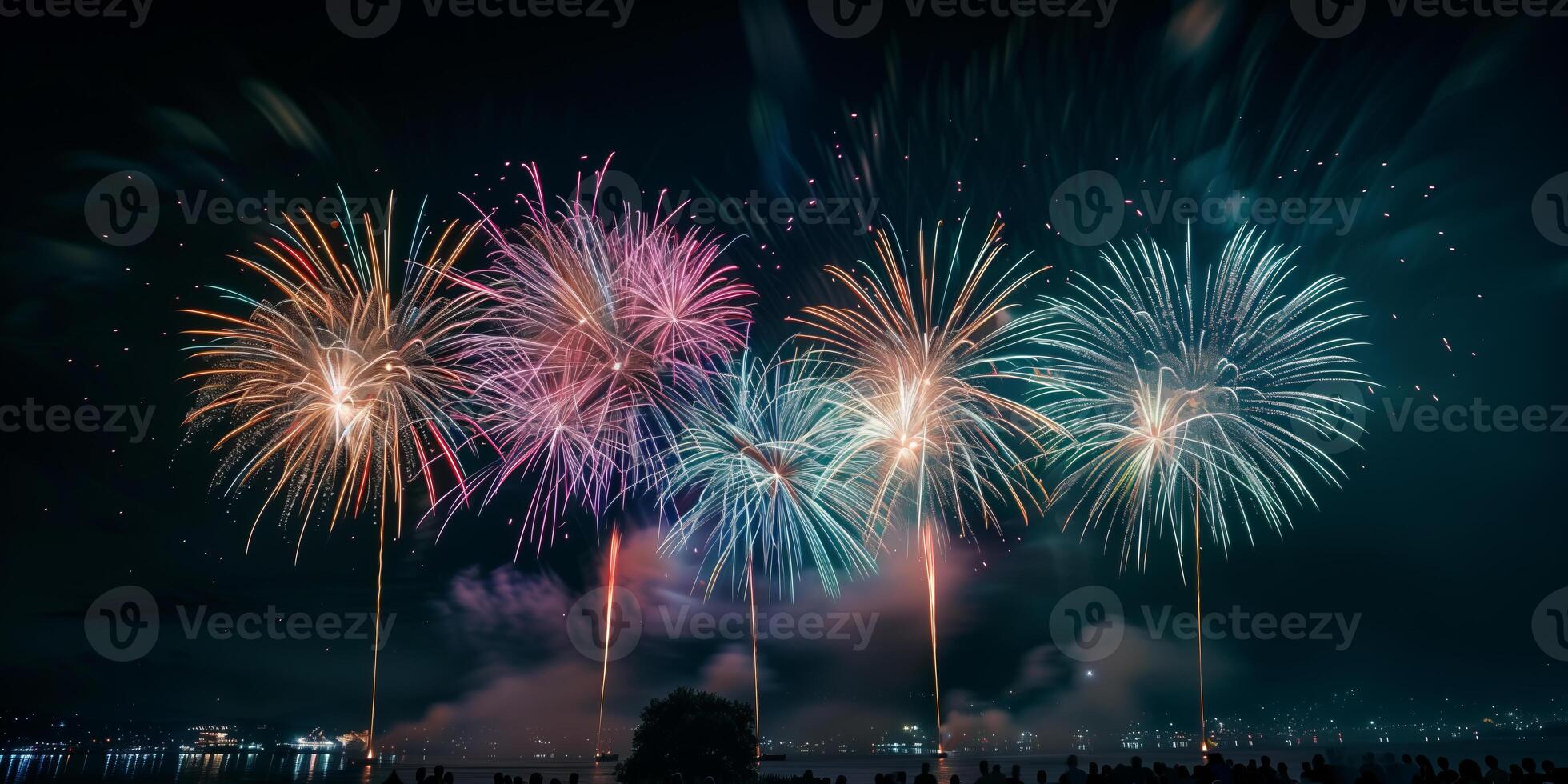 festivo fuochi d'artificio nel il notte cielo a un' celebrazione evento nel onore di un anniversario o nuovo anno foto