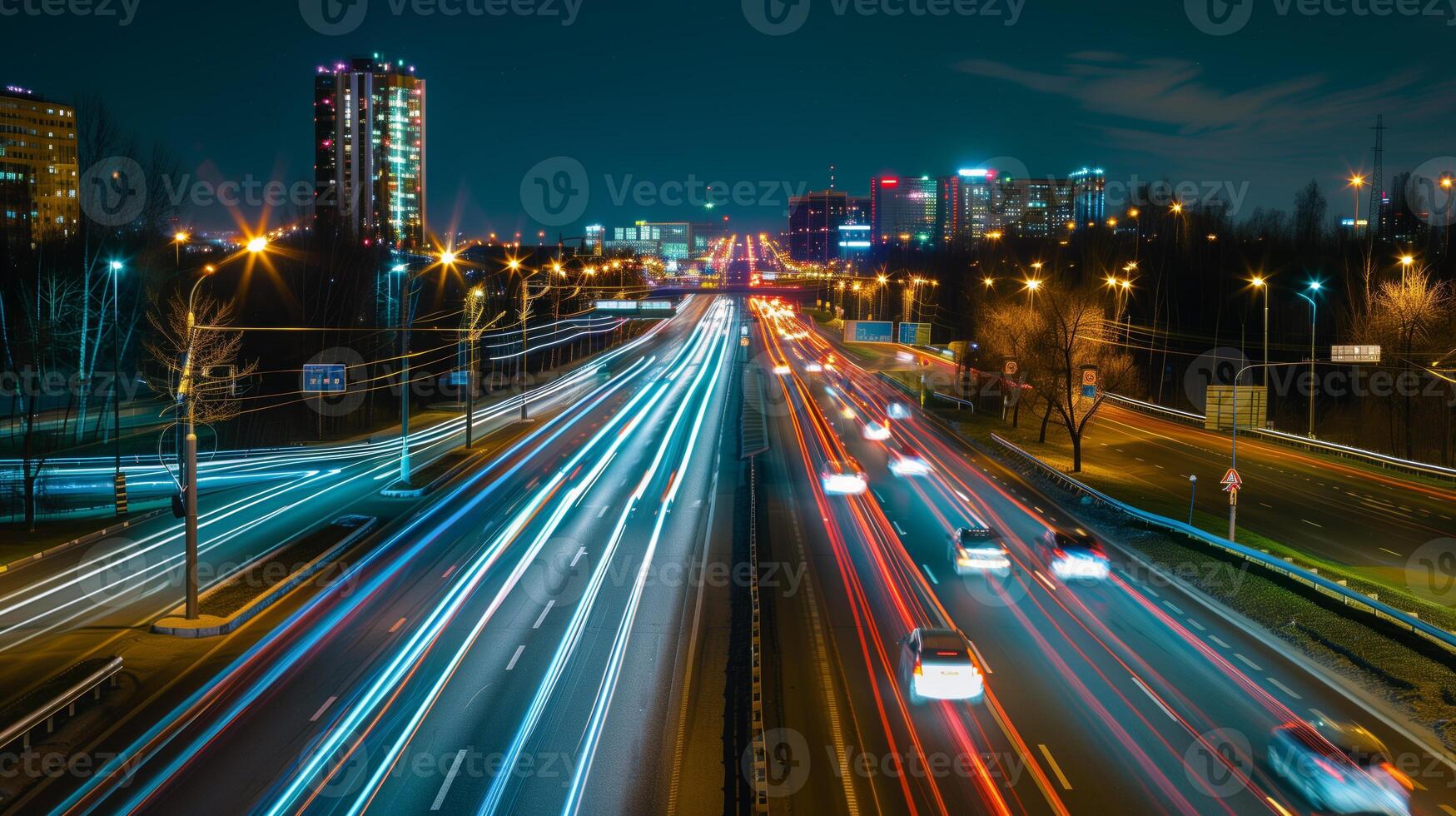 striature di in movimento auto luci contro il fondale di città luci a notte foto