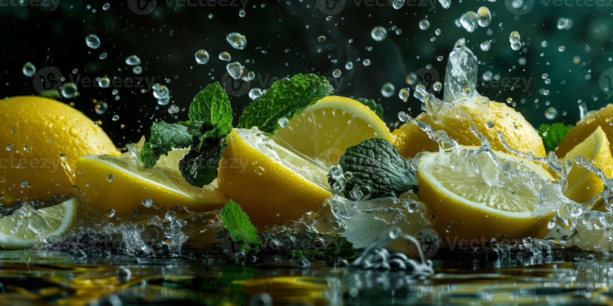 il concetto di un' rinfrescante estate con pezzi di agrume frutta come come Limone, lime, decorato con fresco menta le foglie e ghiaccio cubi foto