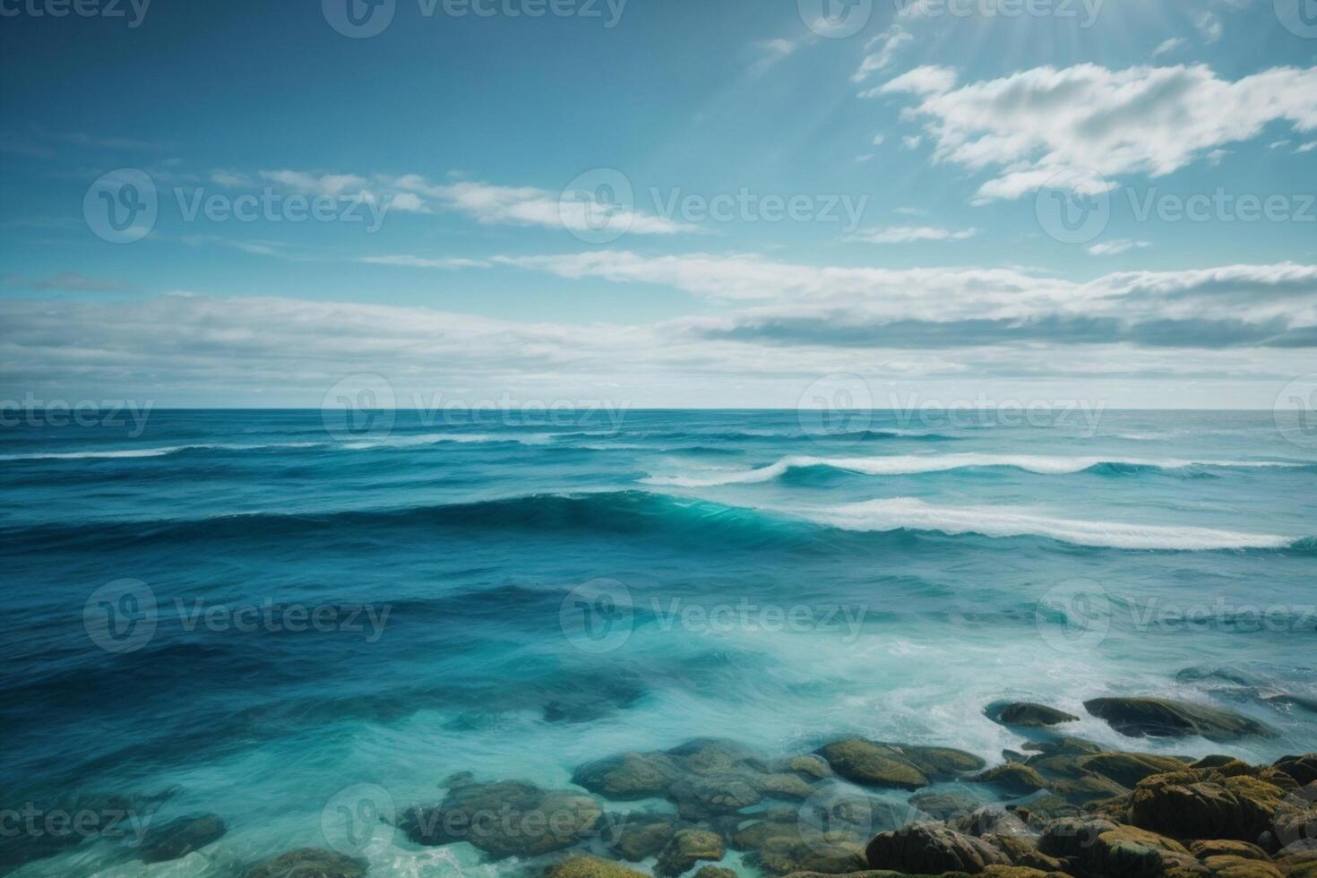 blu oceano con nuvole e sole nel il cielo foto