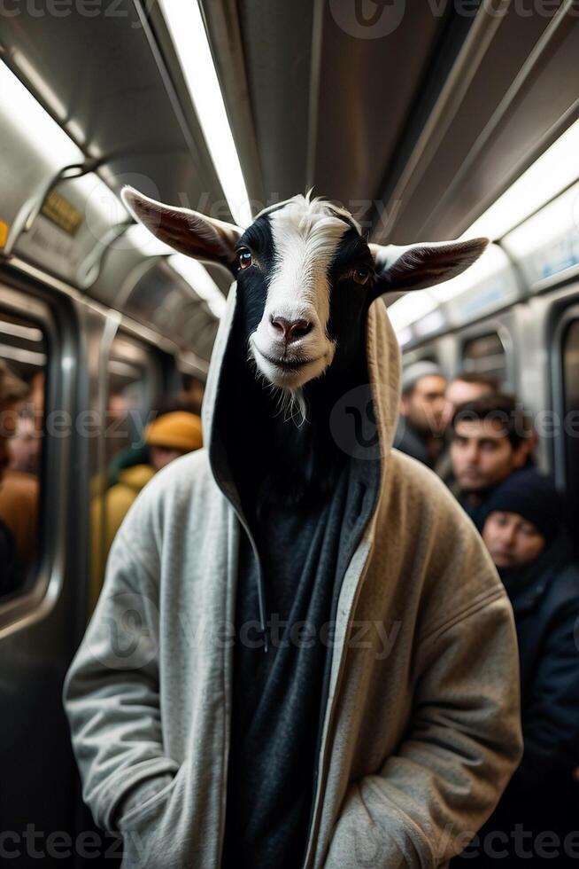 un' capra indossare un' felpa con cappuccio su un' metropolitana treno foto