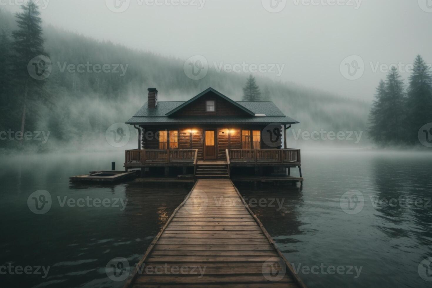 un' piccolo cabina si siede su il bordo di un' lago foto
