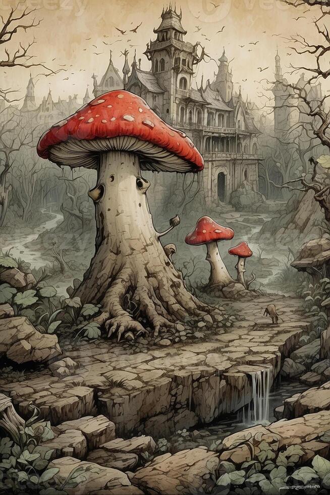 un' fungo Casa con Due funghi su superiore foto