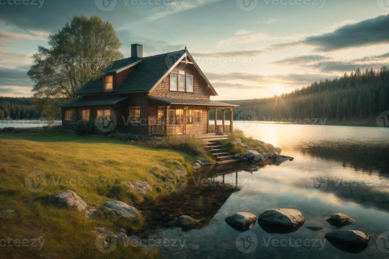 un' piccolo Casa si siede su il riva di un' lago foto