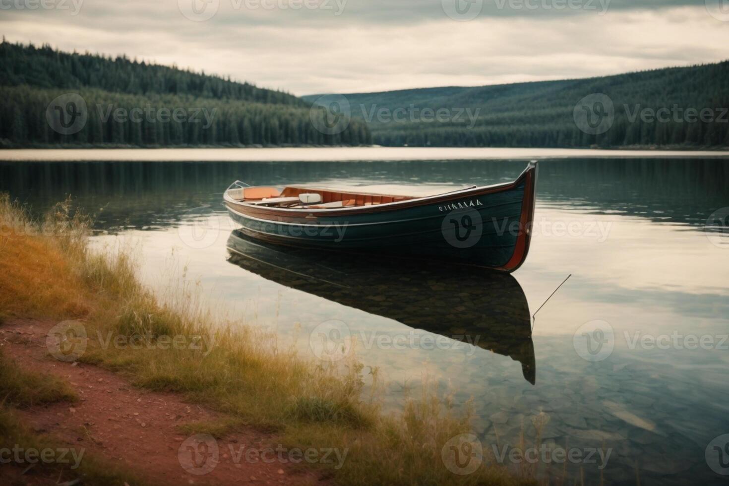 un' barca è seduta su il riva di un' lago foto