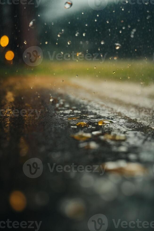 gocce di pioggia su il strada a notte foto