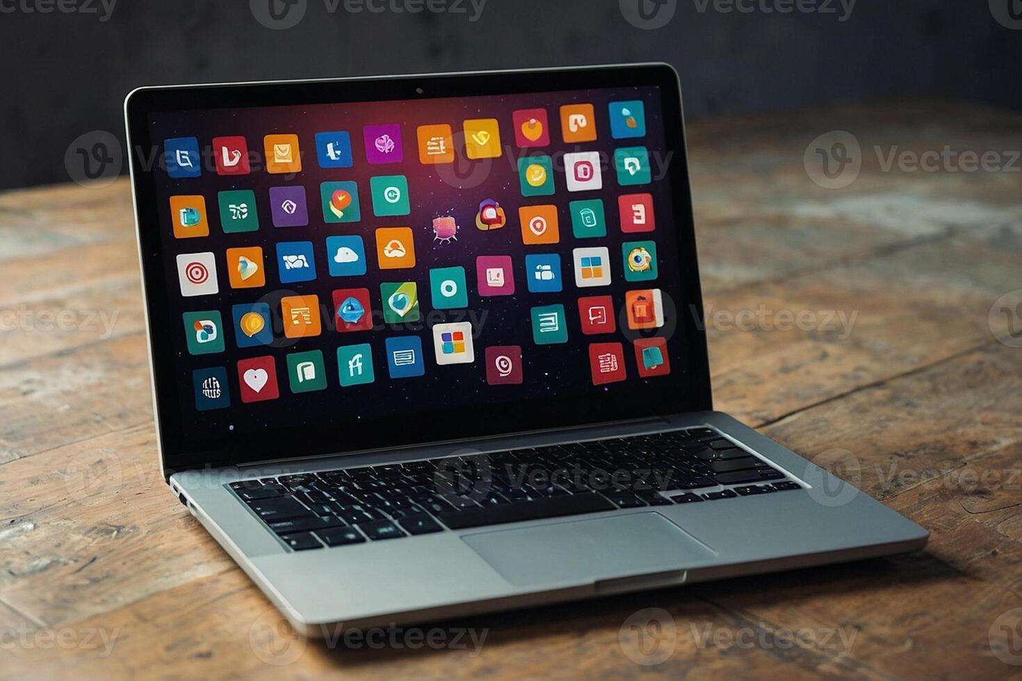 un' il computer portatile con molti diverso App icone su il schermo foto