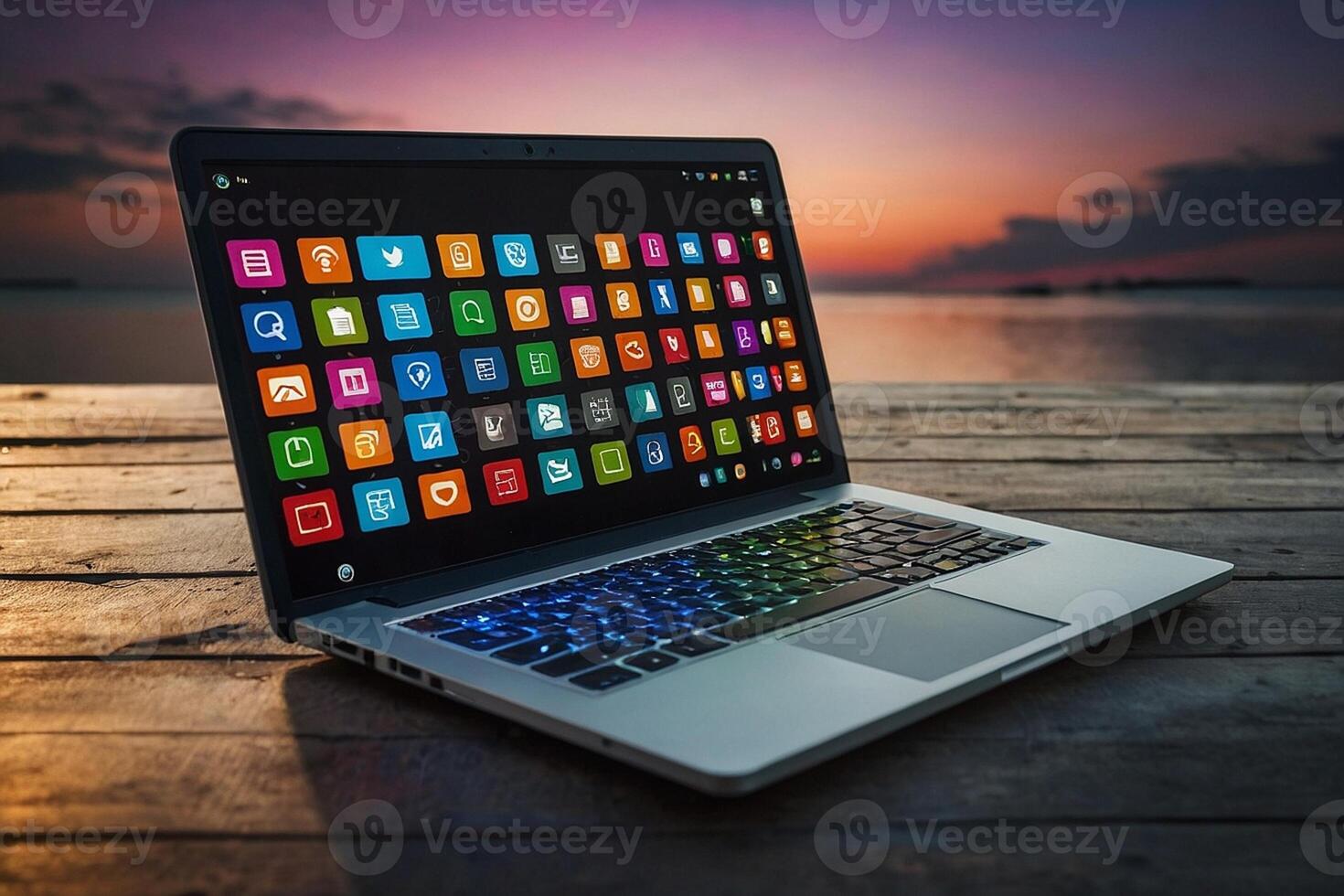 un' il computer portatile con molti diverso App icone su esso foto