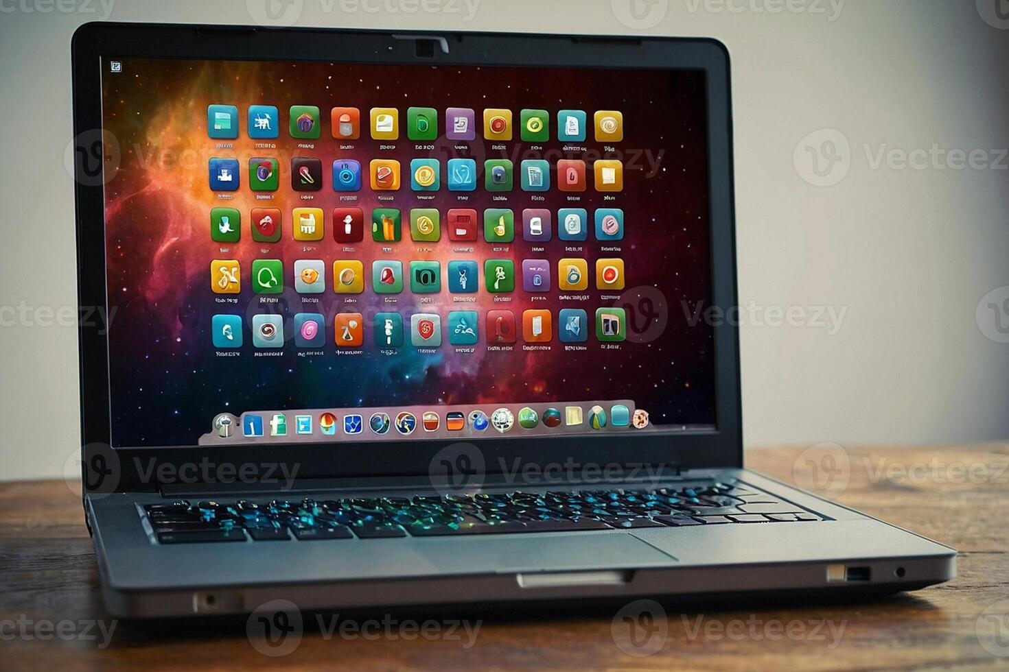 un' il computer portatile con molti diverso App icone su esso foto
