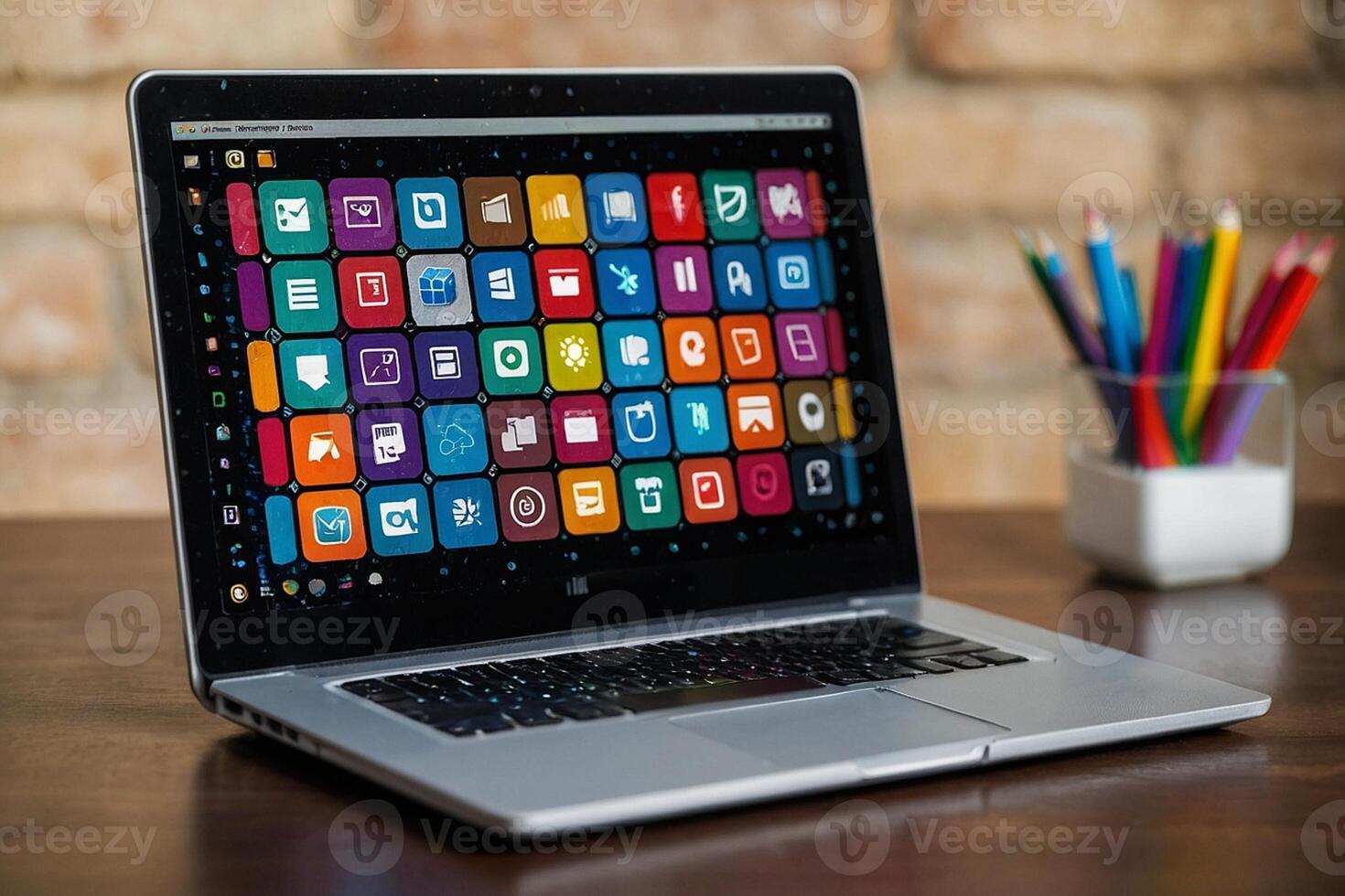 un' il computer portatile con molti diverso App icone su esso foto
