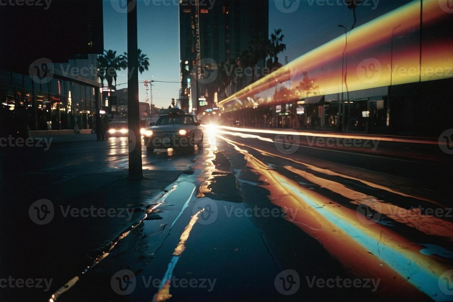 un' pozzanghera di acqua su il strada con un' riflessione di il sole foto