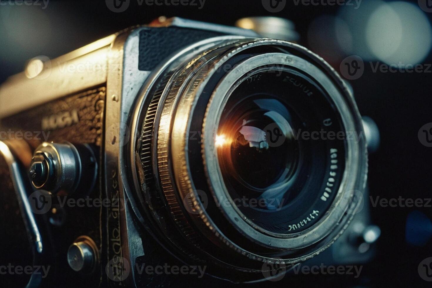 un vecchio telecamera è mostrato nel davanti di un' nero sfondo foto