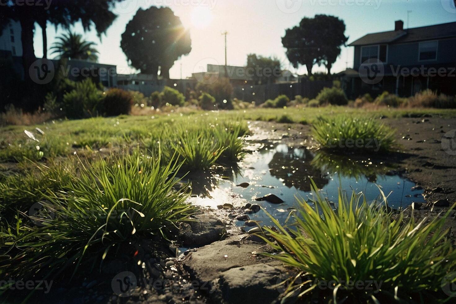 un' erboso la zona con acqua e rocce foto