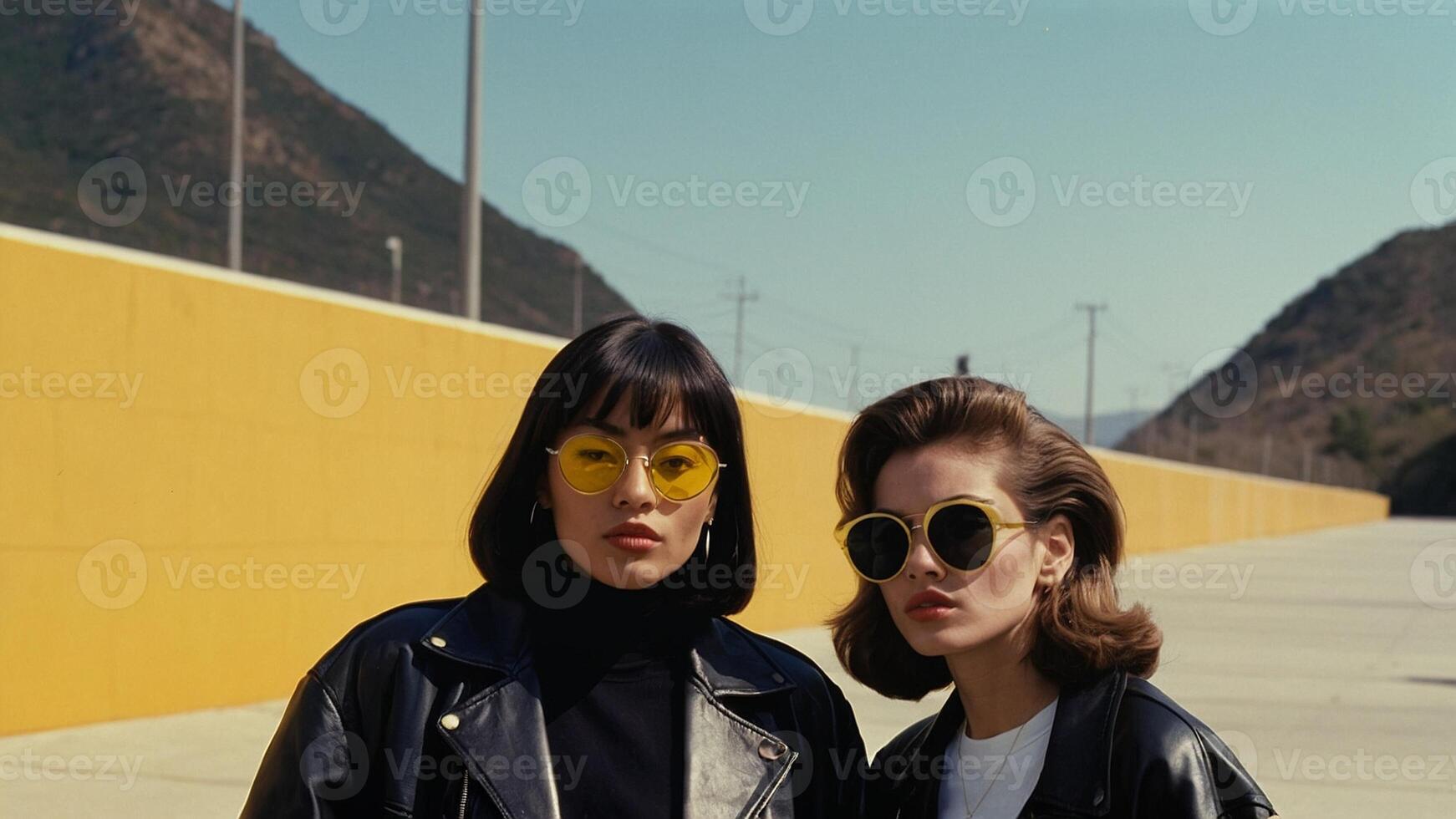 ai generato Due donne indossare giallo occhiali da sole in piedi Il prossimo per ogni altro foto